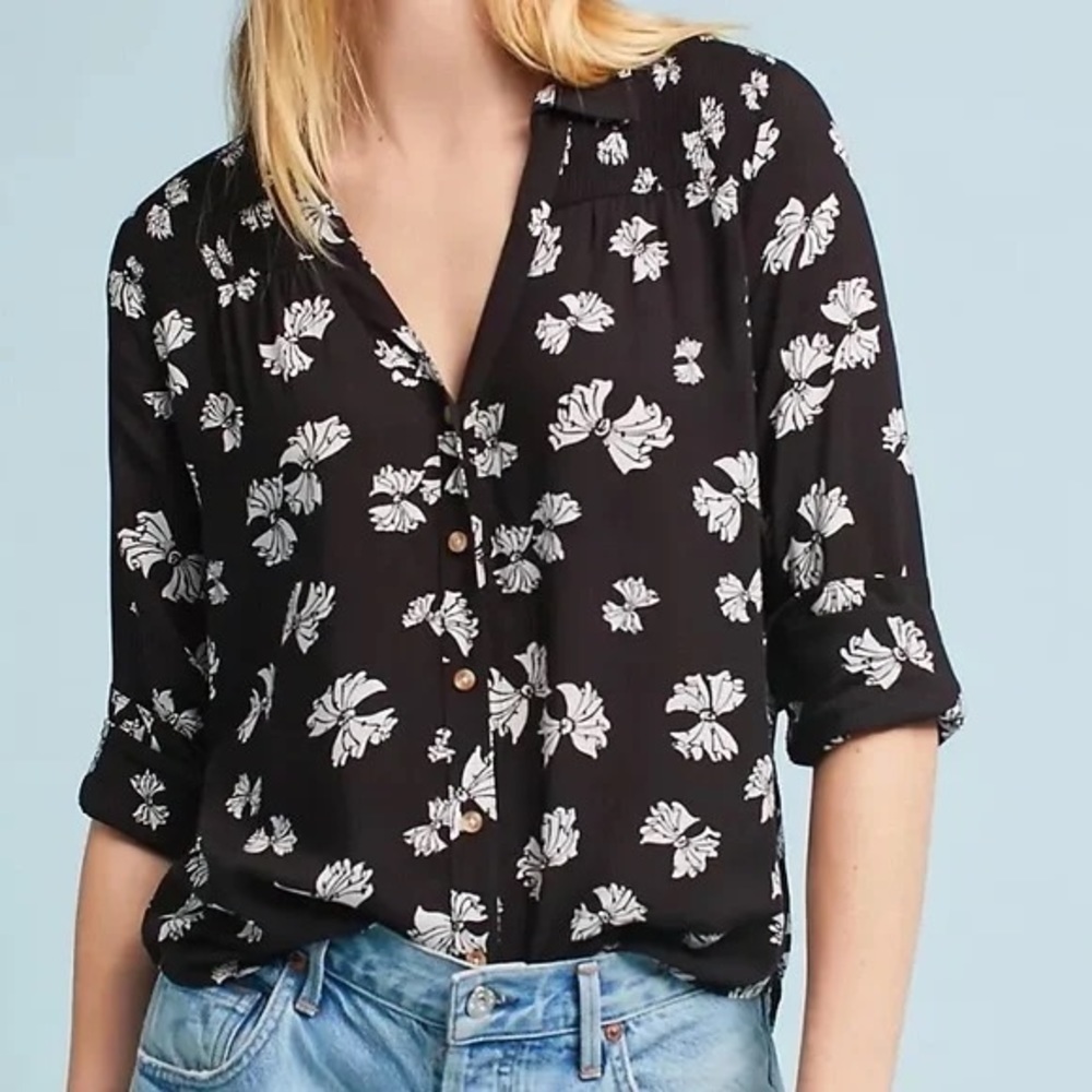 Maeve Black & White Bow Print Emory Top, Size 0P